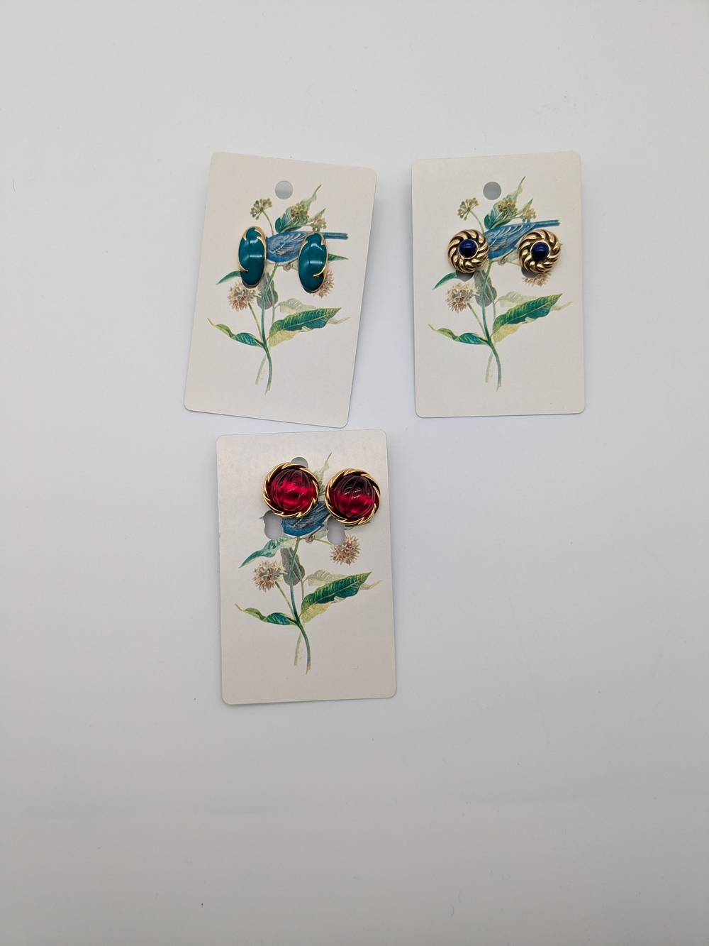 Vintage Clip On Gold Trim Stud Earrings Set - Teal, Navy, Ruby